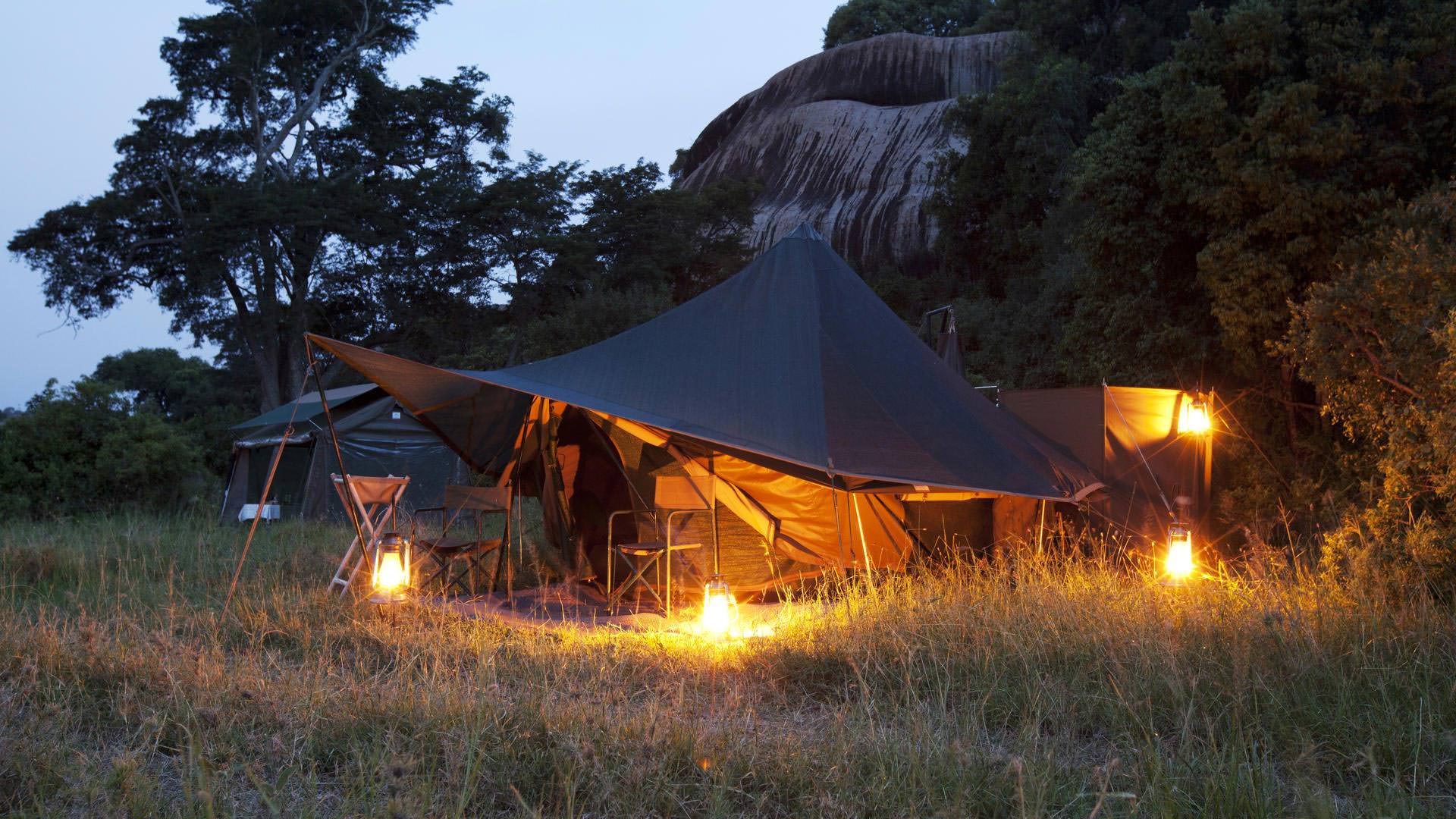 Green Camp tent at dusk